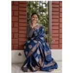 Generic Women's Silk Printed Saree With Unstitched Blouse 5.5Mtr (Navy Blue) - Image 3