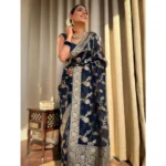 Generic Women's Silk Printed Saree With Unstitched Blouse 5.5Mtr (Dark Blue) - Image 2