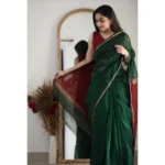 Generic Women's Cotton  Printed Saree With Unstitched Blouse 5.5Mtr (Dark Green) - Image 2