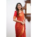 Generic Women's Silk Printed Saree With Unstitched Blouse 5.5Mtr (Orange) - Image 2