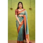 Generic Women's Silk Printed Saree With Unstitched Blouse 5.5Mtr (Rama) - Image 3