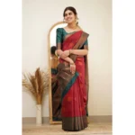 Generic Women's Silk Printed Saree With Unstitched Blouse 5.5Mtr (Red) - Image 3