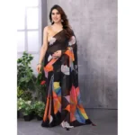 Black Printed Georgette Ready-to-Wear Saree with Unstitched Blouse