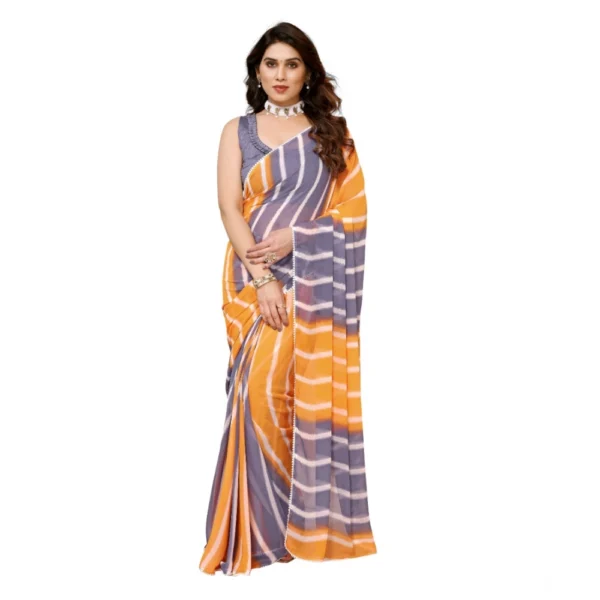 Orange Grey Striped Georgette Ready-to-Wear Saree with Unstitched Blouse