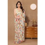 Off White Printed Georgette Ready-to-Wear Saree with Unstitched Blouse