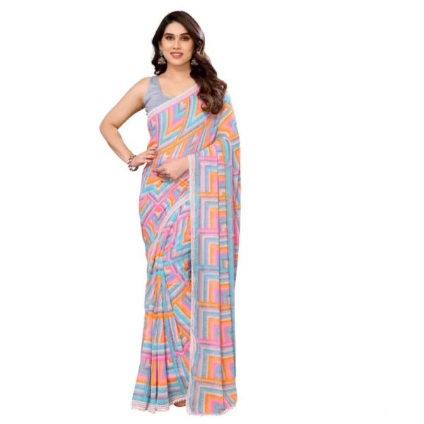 Grey Georgette Printed Ready-to-Wear Saree with Lace