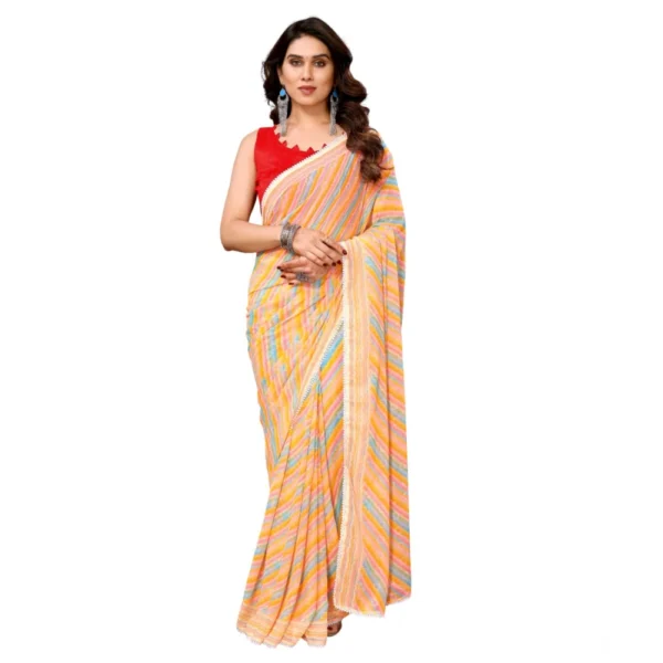 Yellow Striped Georgette Ready-to-Wear Saree with Unstitched Blouse