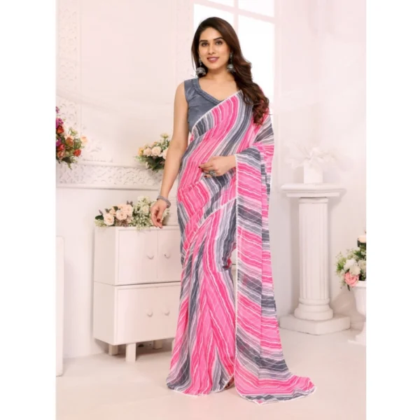Grey Georgette Striped Ready-to-Wear Saree with Lace