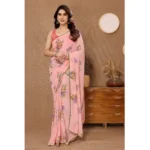Peach Printed Georgette Ready-to-Wear Saree with Unstitched Blouse