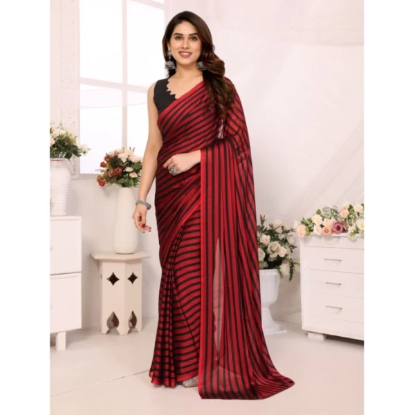 Red and Black Striped Ready-to-Wear Saree