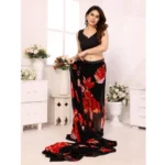 Generic Women's Small Lace Georgette Printed Ready-to-Wear Saree With Unstitched Blouse 5.5 Mtr (Black-Red) - Image 3