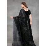 Generic Women's Georgette Embellished Sequnece Bollywood Saree With Unstitched Blouse 5.5Mtr (Black) - Image 2