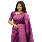 Purple Silk Printed Saree with Unstitched Blouse