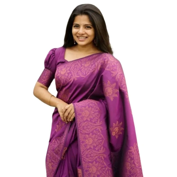 Purple Silk Printed Saree with Unstitched Blouse