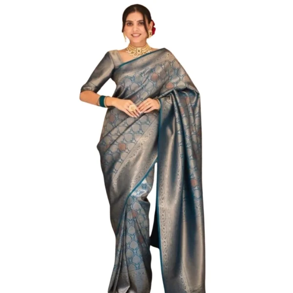Rama Green Silk Printed Saree with Unstitched Blouse
