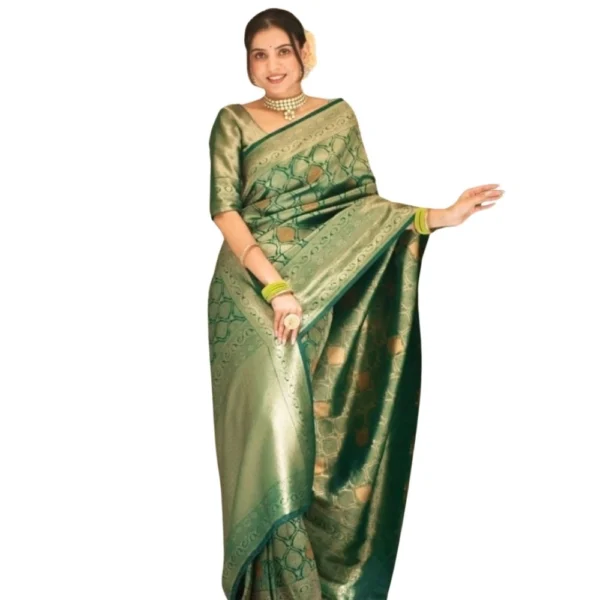 Green Silk Printed Saree with Unstitched Blouse