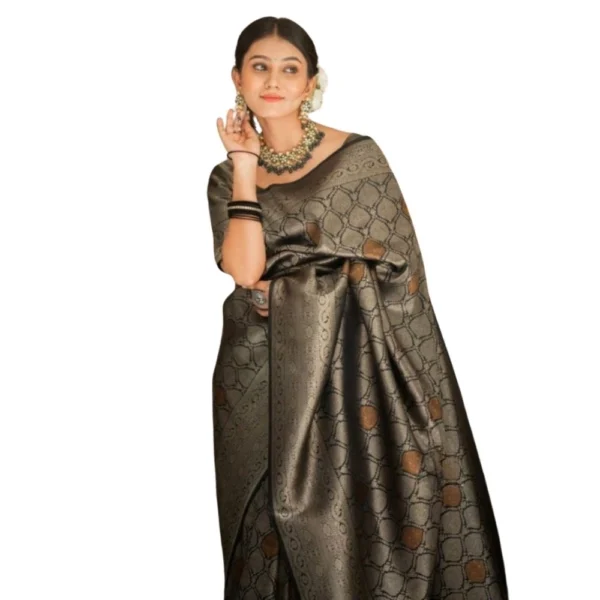 Black Silk Printed Saree with Unstitched Blouse