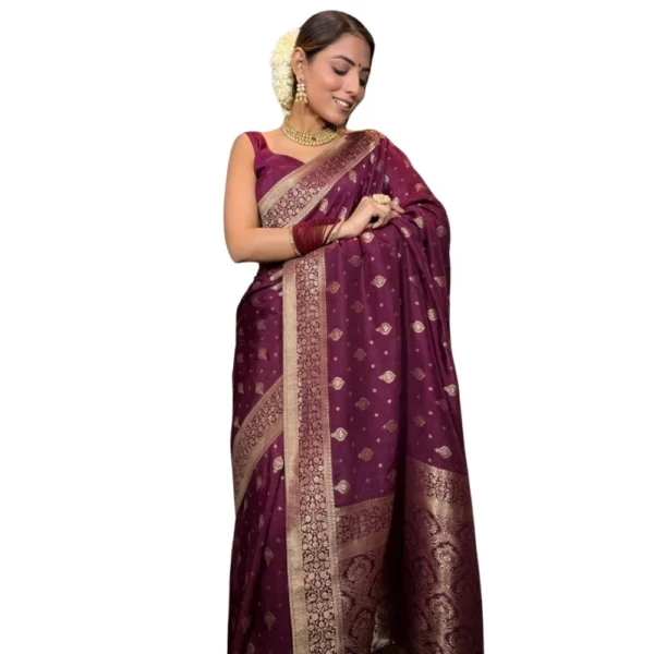 Wine Silk Printed Saree with Unstitched Blouse for Women