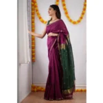 Wine Cotton Printed Saree for Women