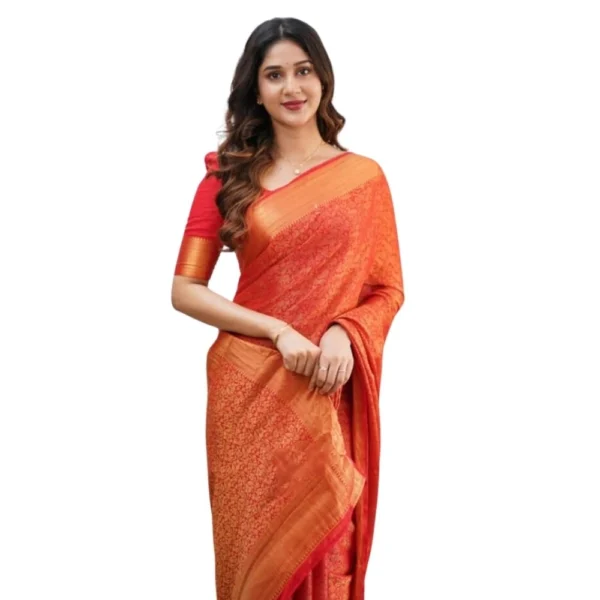Orange Silk Printed Saree for Women with Unstitched Blouse