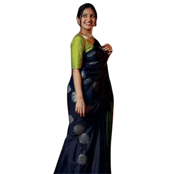 Navy Blue Silk Printed Saree with Unstitched Blouse