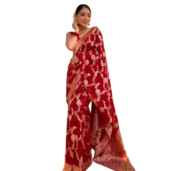 Red Printed Silk Saree with Unstitched Blouse