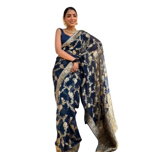 Women's Dark Blue Silk Printed Saree