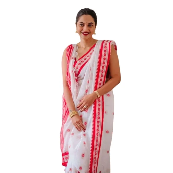 Women's White-Pink Cotton Printed Saree