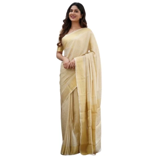 Cream Silk Printed Saree for Women with Unstitched Blouse