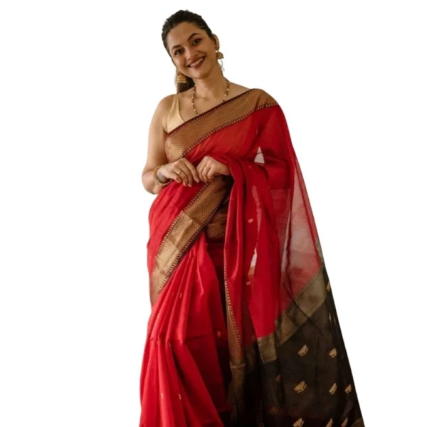 Red Cotton Printed Saree with Unstitched Blouse