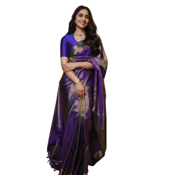 Purple Silk Printed Saree with Unstitched Blouse
