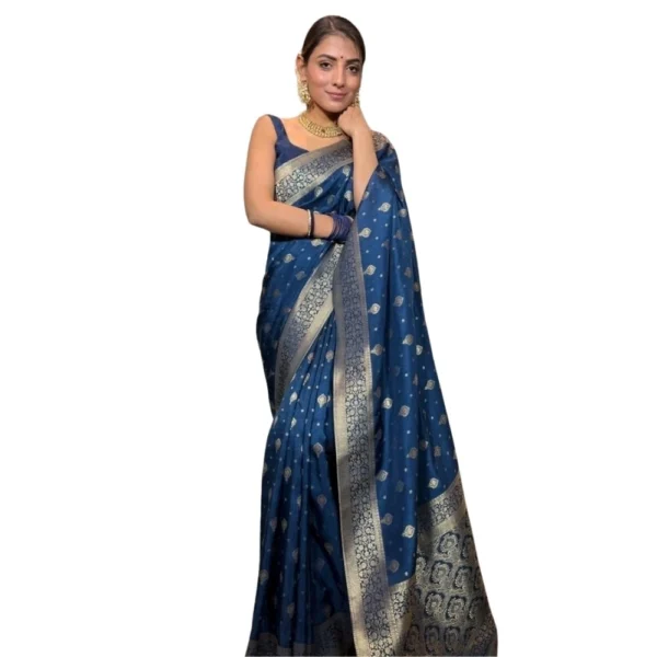 Rama Blue Silk Printed Saree with Unstitched Blouse for Women