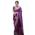 Purple Silk Printed Saree with Unstitched Blouse for Women