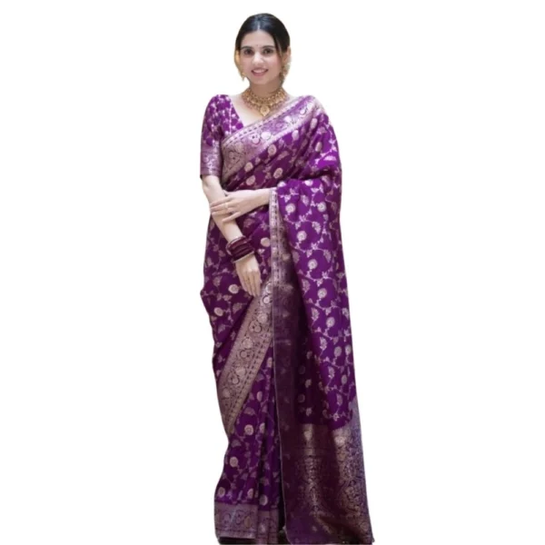 Purple Silk Printed Saree with Unstitched Blouse for Women
