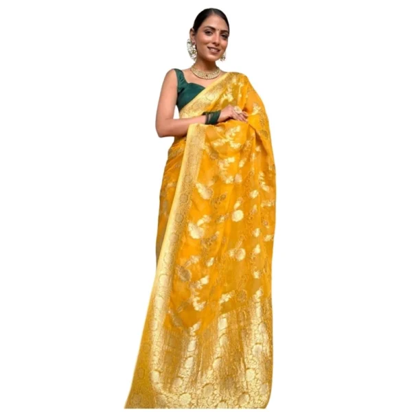 Gold Yellow Printed Silk Saree with Unstitched Blouse