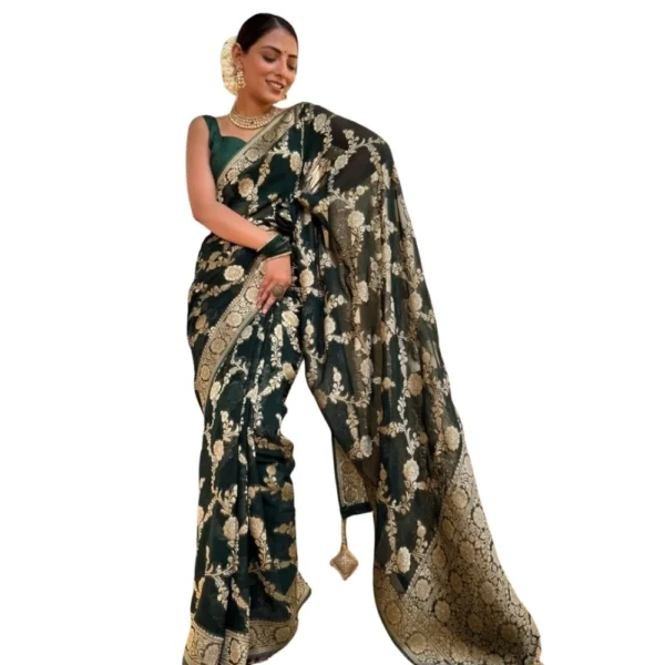 Dark Green Printed Silk Saree with Unstitched Blouse