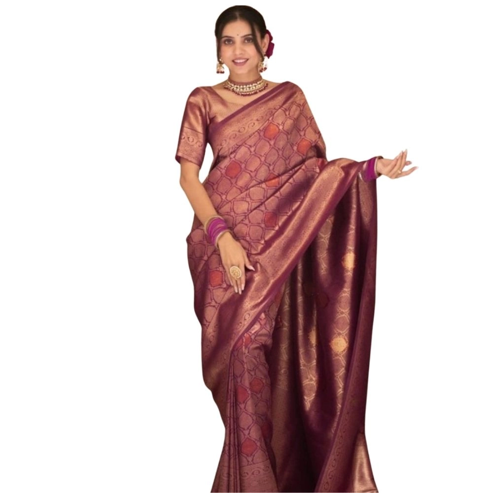 54466035758_cfd68e09c4_o_d-1000x1000-1.webp Wine Silk Printed Saree with Unstitched Blouse