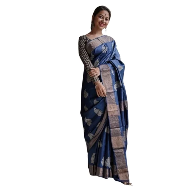 Navy Blue Silk Printed Saree for Women with Unstitched Blouse