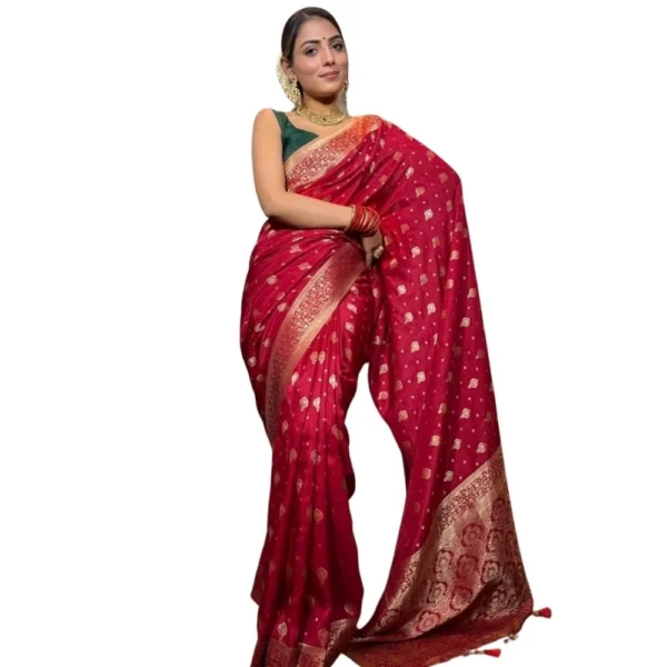 Red Silk Printed Saree with Unstitched Blouse for Women