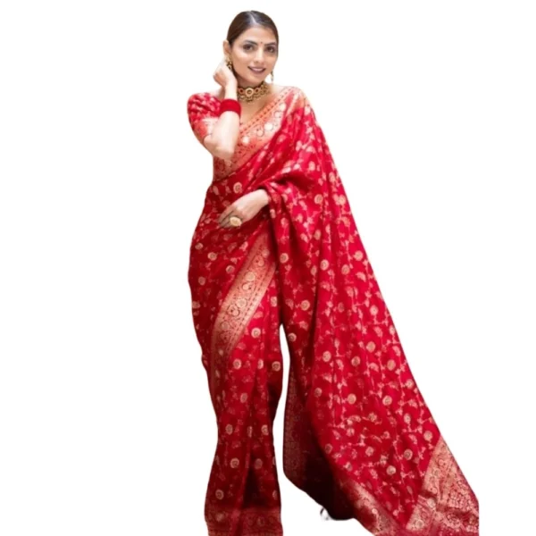 Red Silk Printed Saree with Unstitched Blouse for Women