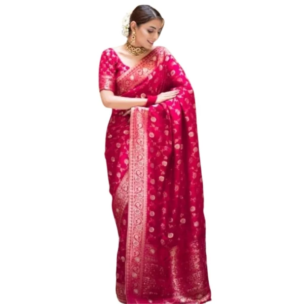 Rani Pink Silk Printed Saree with Unstitched Blouse for Women