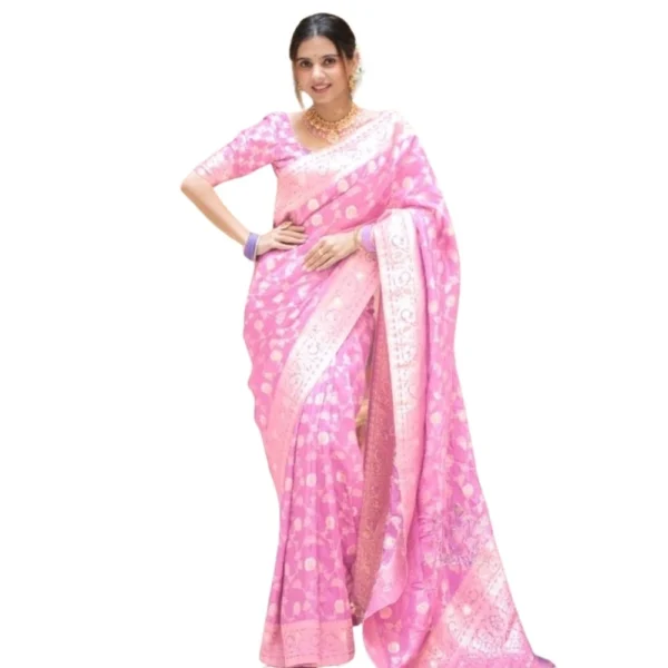 Pink Silk Printed Saree with Unstitched Blouse for Women