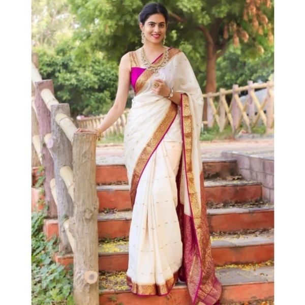Pristine White Silk Printed Saree with Unstitched Blouse