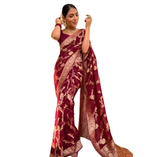Maroon Printed Silk Saree with Unstitched Blouse