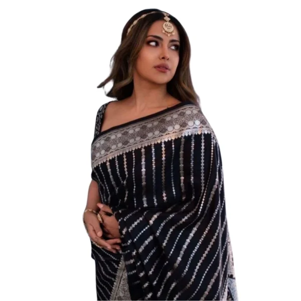 Black Silk Printed Saree with Unstitched Blouse