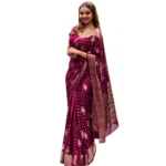 Wine Silk Printed Saree with Unstitched Blouse