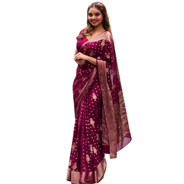 Wine Silk Printed Saree with Unstitched Blouse