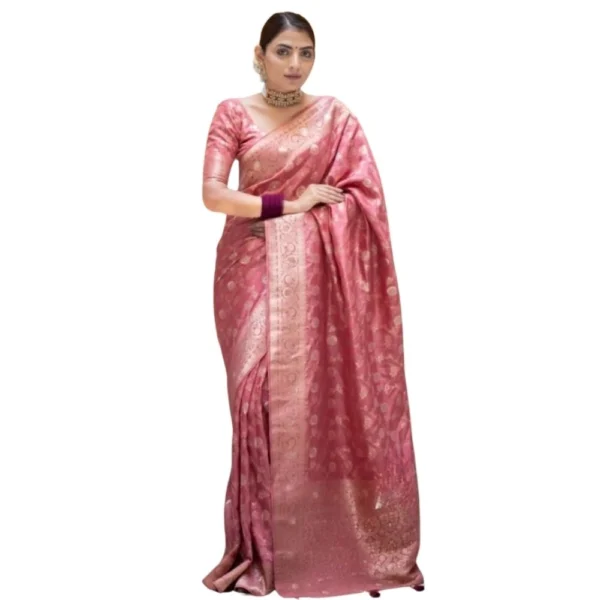 Peach Silk Printed Saree with Unstitched Blouse for Women