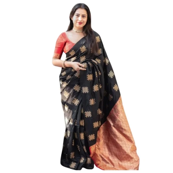 Black Orange Silk Printed Saree for Women