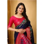 Generic Women's Soft Dola Cotton Kalamkari Printed Saree With Unstitched Blouse 5.5Mtr (Navy Blue) - Image 2